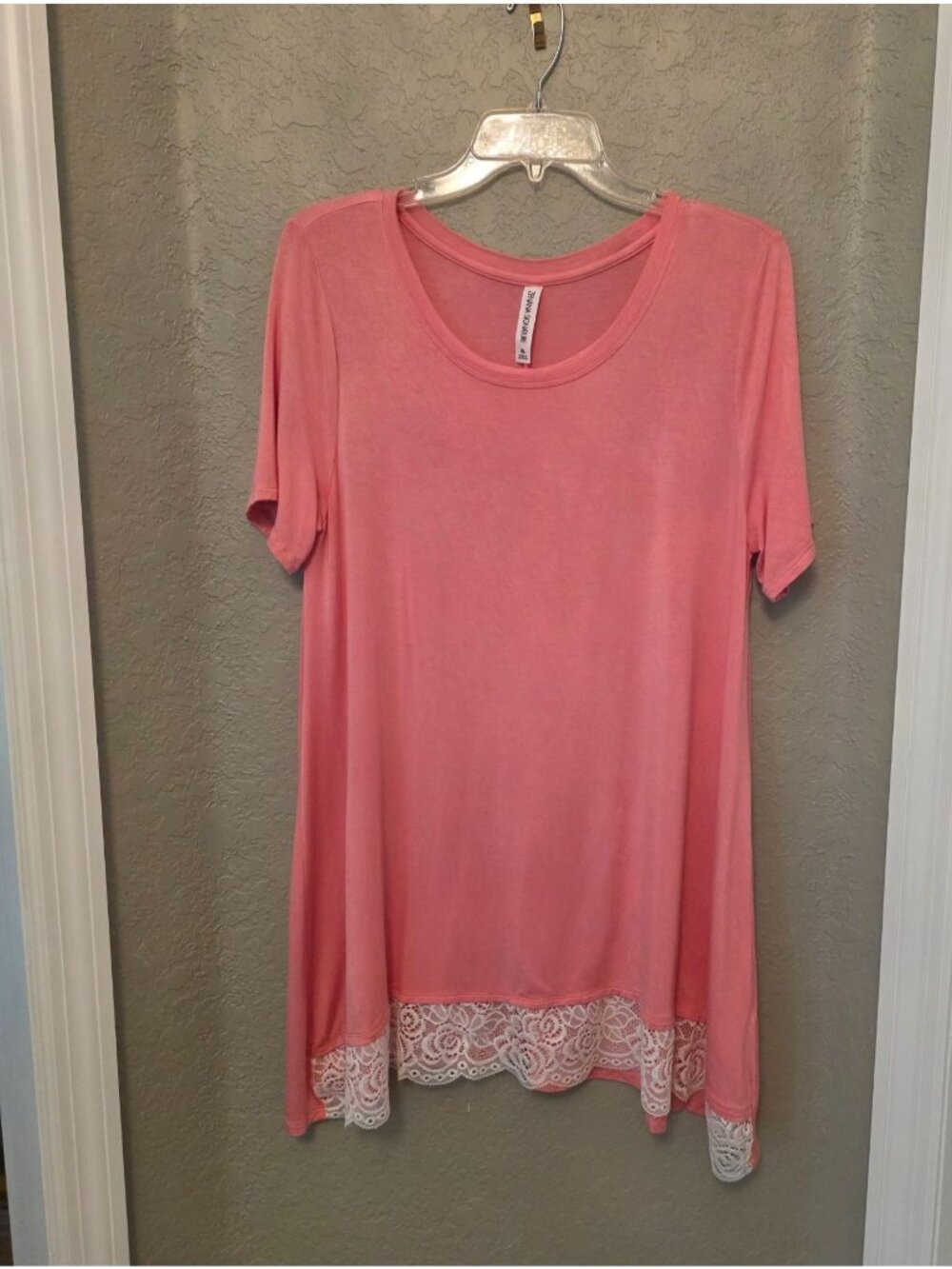 Zenana Pink White Lace Trim Jersey Knit Tunic Tee Shirt Dress XL